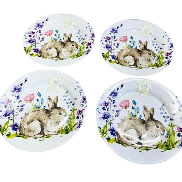 The Prairie Easter Rabbit Bunny Floral Melamine Salad Plates 4PC Set Garden - Picture 2 of 6